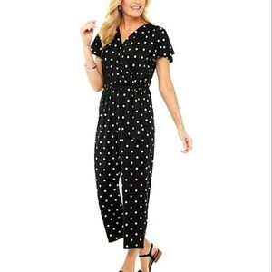 Croft & Barrow Black White Polka Dot Cropped Jumpsuit V Neck Flutter Sleeve PXL